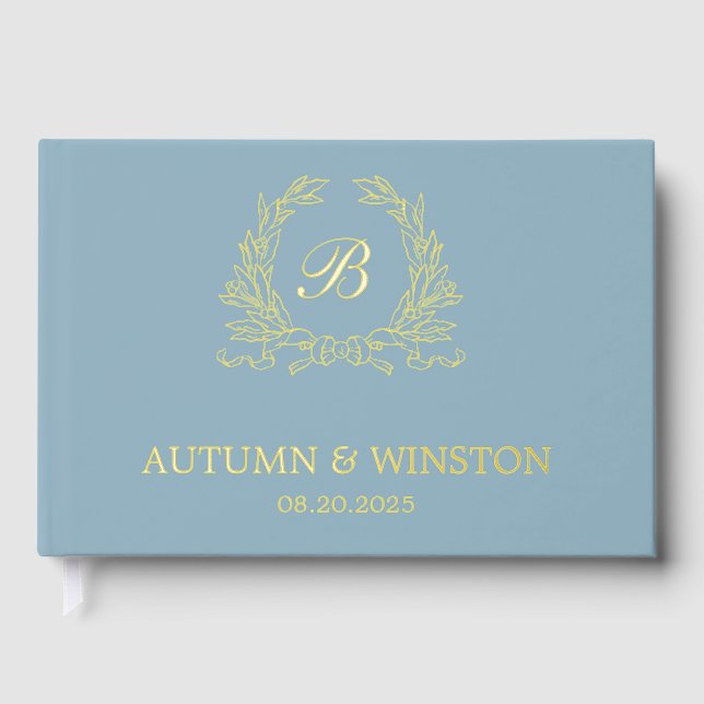 Dusty Blue Monogram Crest Guest Book (Front)