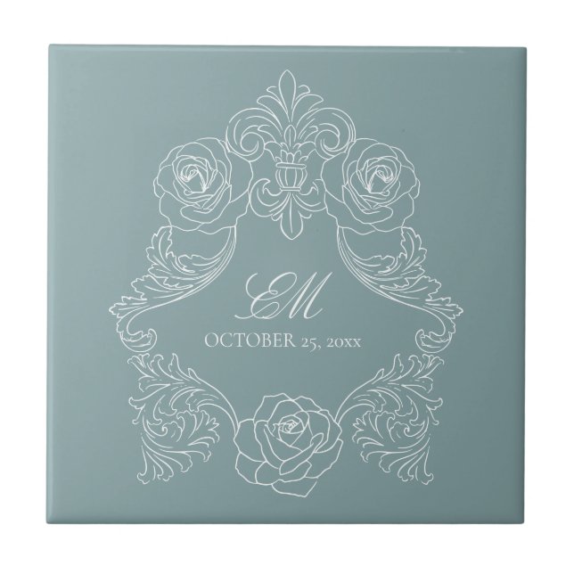 Dusty Blue Monogram Crest Regency Wedding Ceramic Tile (Front)
