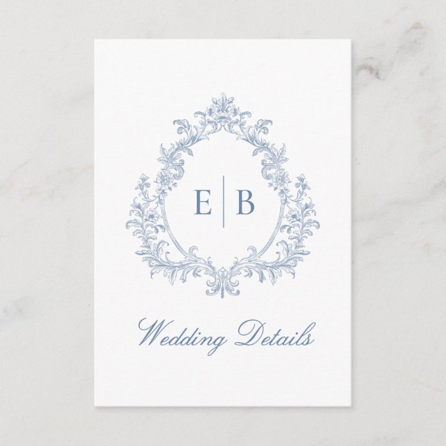 Dusty Blue Monogram Crest Wedding Details QR code Enclosure Card (Front)