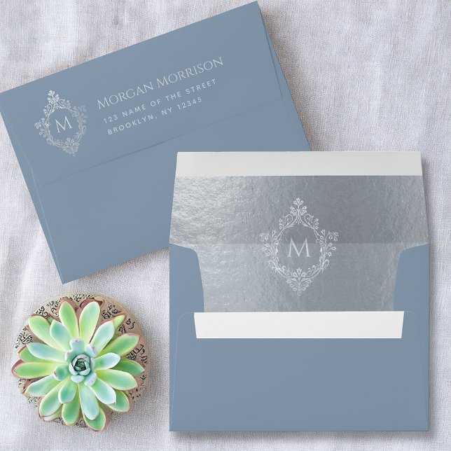 Dusty Blue Monogram Elegant Silver Crest & Address Envelope (Creator Uploaded)
