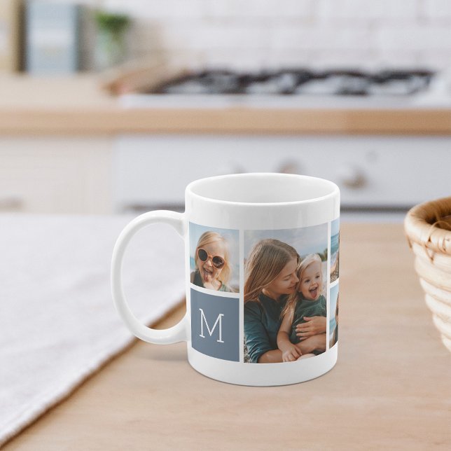 Dusty Blue | Monogram Grid Photo Collage Coffee Mug (Creator Uploaded)