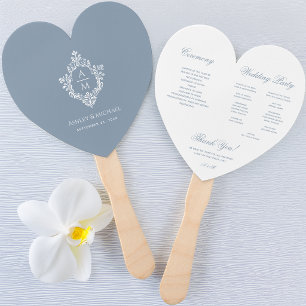 Dusty Blue Monogram in Crest Wedding Program Heart Hand Fan