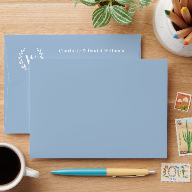 Dusty blue monogram initial wreath return address envelope (Desk)
