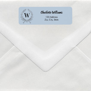 Dusty blue monogram initial wreath return address label