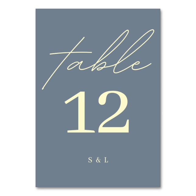Dusty Blue Monogram Minimal Modern Wedding Table Number (Front)