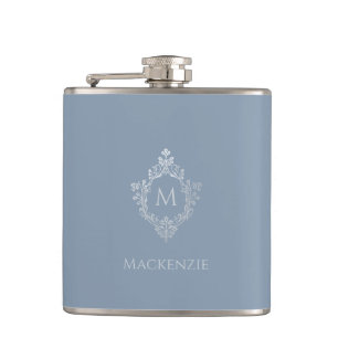 Dusty Blue Monogram Name Elegant Vintage Crest Hip Flask