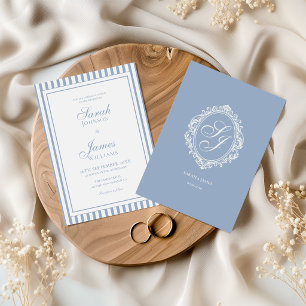 Dusty Blue Monogram Old Money Wedding Invitation