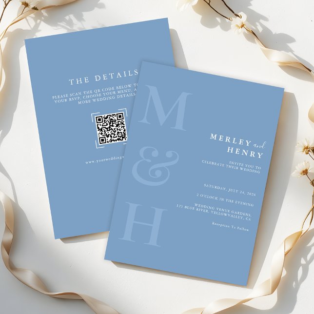 Dusty Blue Monogram QR Code All In One Wedding Invitation (Creator Uploaded)