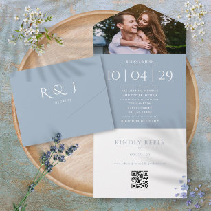 Dusty Blue Monogram QR Code Photo Wedding Date All In One Invitation