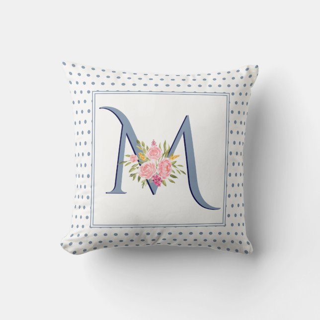 Dusty blue monogram, roses and polka dots cushion (Front)