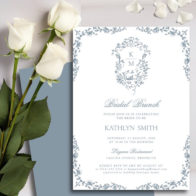 Dusty Blue Monogram Vintage Crest Bridal Brunch Invitation (Creator Uploaded)
