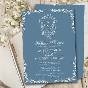 Dusty Blue Monogram Vintage Rehearsal Dinner Invitation