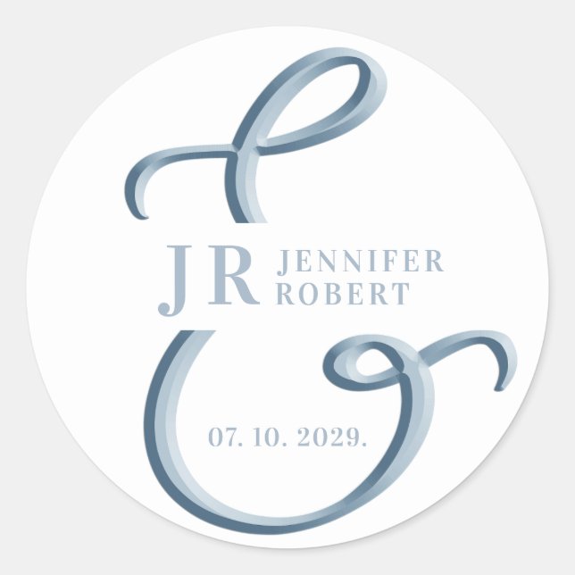 Dusty Blue Monogram Wedding Classic Round Sticker (Front)