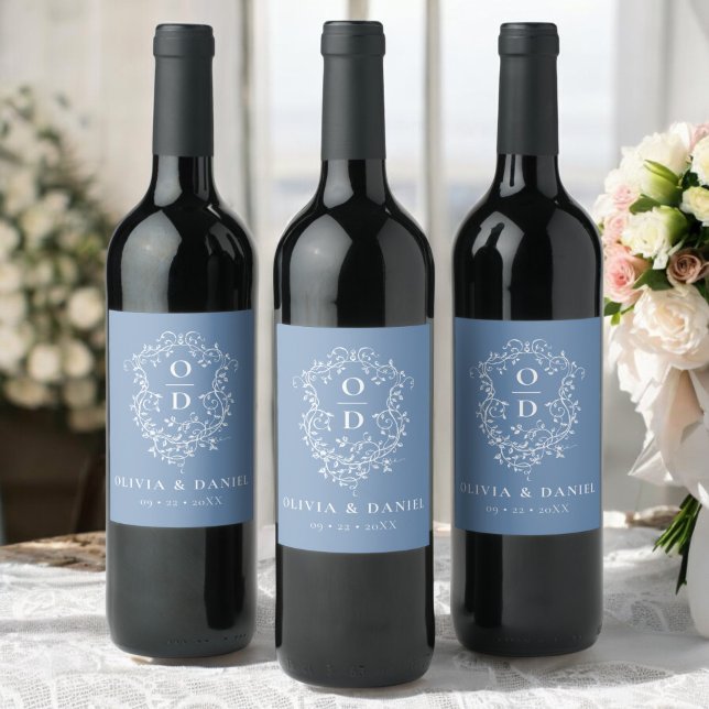 Dusty Blue Monogram Wedding Floral Crest Wine Label (Creator Uploaded)