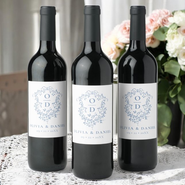 Dusty Blue Monogram Wedding Floral Crest Wine Label (Creator Uploaded)