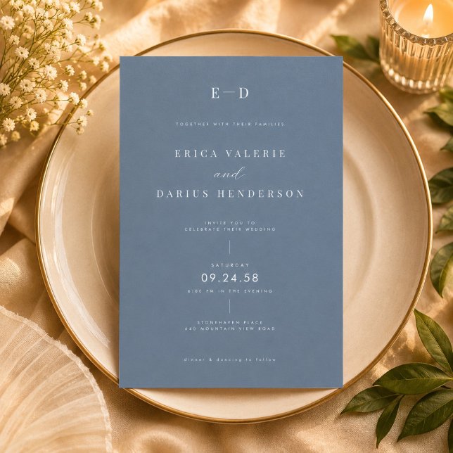 Dusty Blue Monogram Wedding Invitation (Creator Uploaded)