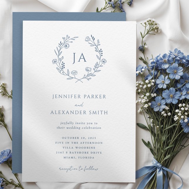 Dusty Blue Monogram Wedding Invitation (Creator Uploaded)
