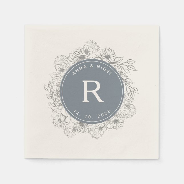 Dusty Blue Monogram Wedding Napkin (Front)