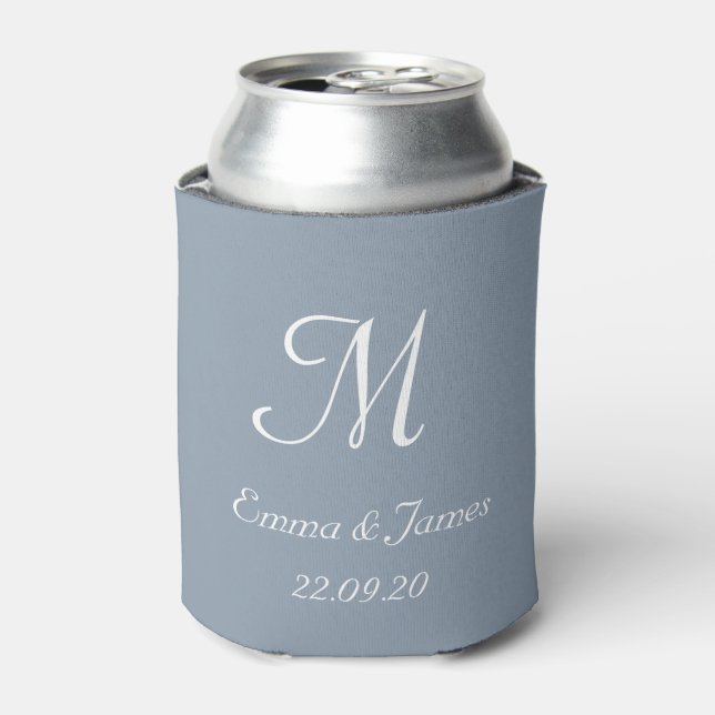 Dusty Blue Monogram Wedding Party Favour  Can Cooler (Can Front)