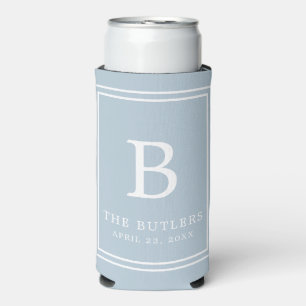 Dusty Blue Monogram Wedding Seltzer Can Cooler