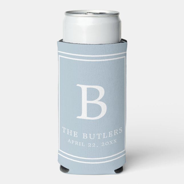 Dusty Blue Monogram Wedding Seltzer Can Cooler (Seltzer Front)
