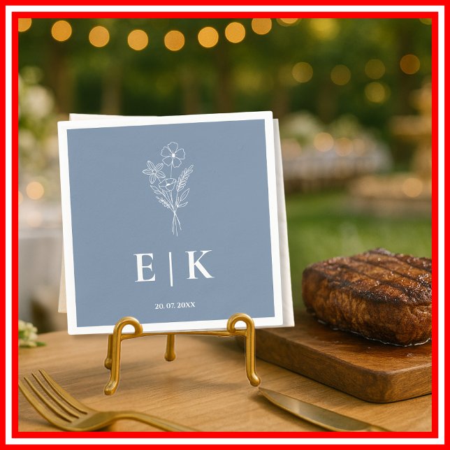 Dusty Blue Monogram Wildflower Wedding Napkin (Creator Uploaded)