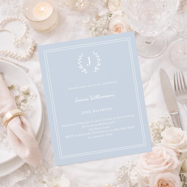 Dusty blue monogram wreath birthday invitation (Creator Uploaded)