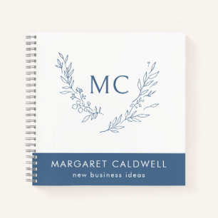 Dusty Blue Monogram Wreath Business Notebook