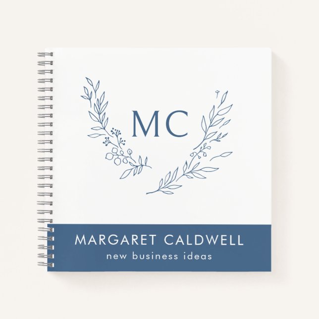 Dusty Blue Monogram Wreath Business Notebook (Front)