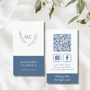 Dusty Blue Monogram Wreath Vertical Business Card