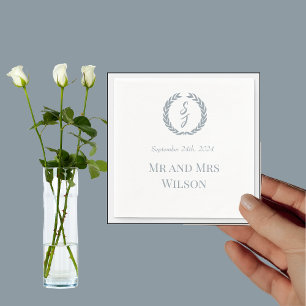Dusty Blue Monogram Wreath White Dinner Cocktail Napkin