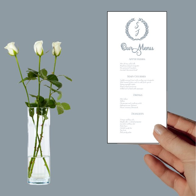 Dusty Blue Monogram Wreath White Dinner Menu (Creator Uploaded)