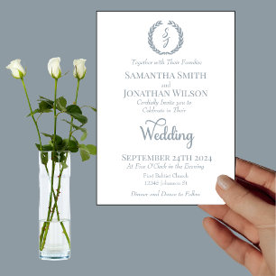 Dusty Blue Monogram Wreath White Wedding Invitation