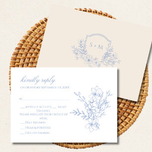 Dusty Blue Monogrammed Crest Floral RSVP Card