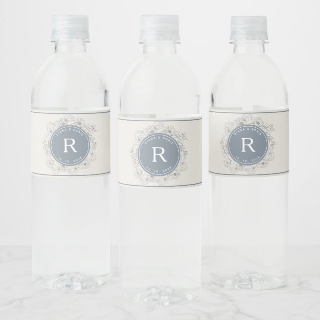 Dusty Blue Monogrammed Wedding Water Bottle Label (Bottles)
