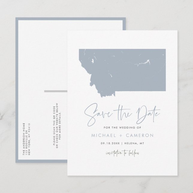 Dusty Blue Montana Map QR Code Save the Date Announcement Postcard (Front/Back)