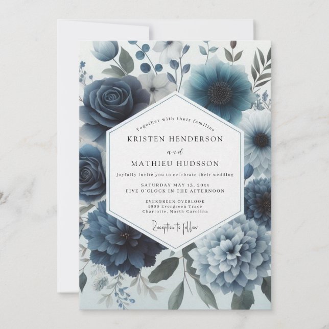 Dusty Blue Moody Bloom Wedding Invitation (Front)