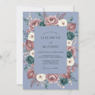 Dusty Blue Moody Botanical Wedding Invitation