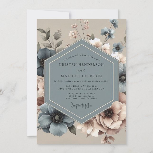Dusty Blue Moody Floral Wedding Invitation (Front)