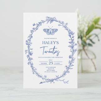 Dusty Blue Moth Floral RIP Twenties 30th Birthday Invitation