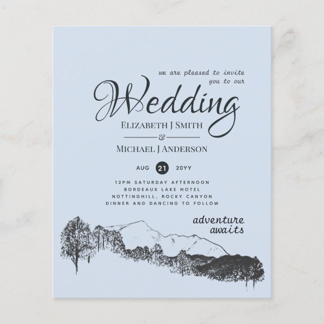 Dusty Blue Mountain Adventure Wedding Budget Flyer (Front)