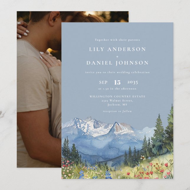 Dusty Blue Mountain Wildflower Photo Wedding Invitation (Front/Back)