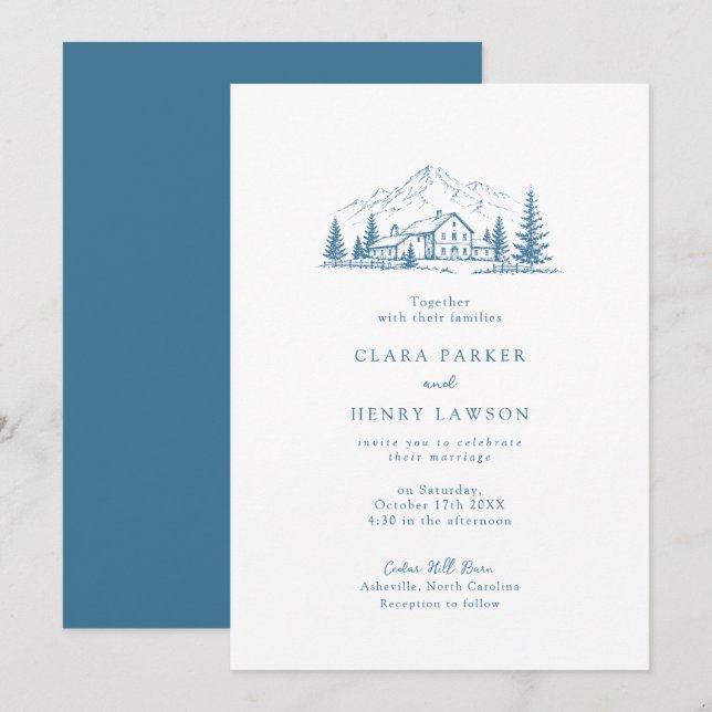 Dusty Blue Mountain Winter Wedding Invitation (Front/Back)