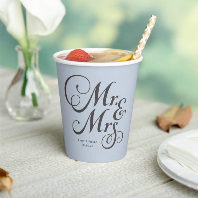 Dusty Blue Mr and Mrs personalised rustic wedding Paper Cups (Insitu)