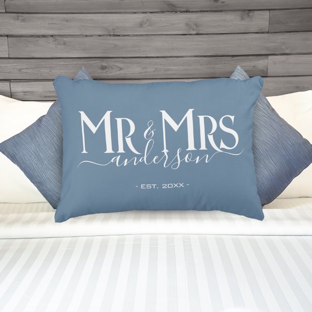 Dusty Blue Mr & Mrs Newlywed Couple Wedding Decorative Cushion (Dusty Blue Mr & Mrs Newlywed Couple Wedding Accent Pillow)