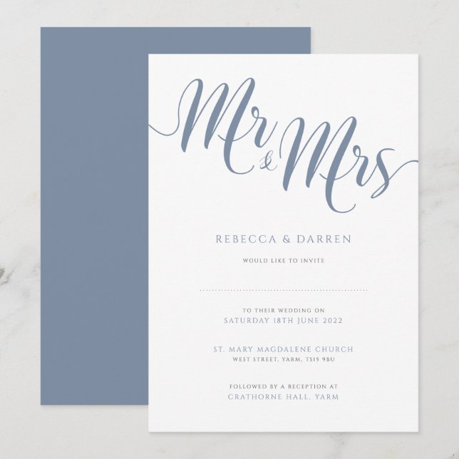 Dusty Blue Mr & Mrs Wedding Invitation (Front/Back)