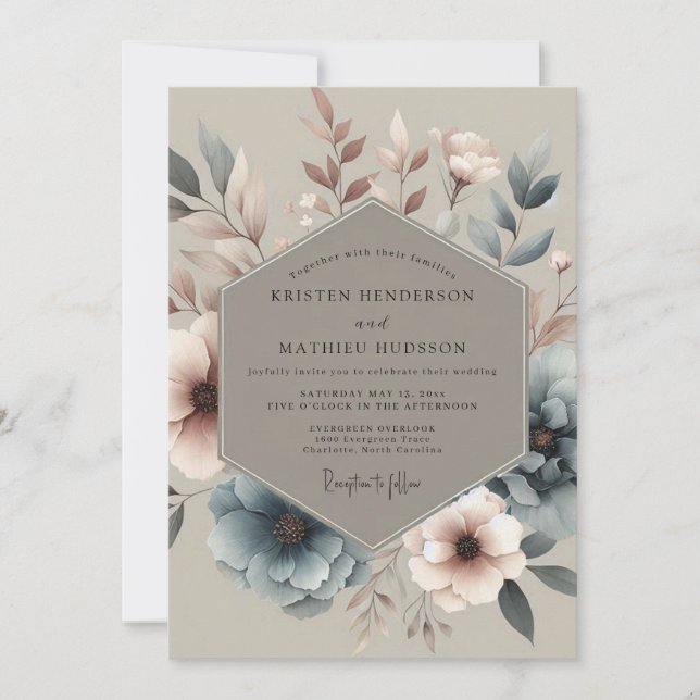 Dusty Blue Muted Bloom Wedding Invitation (Front)