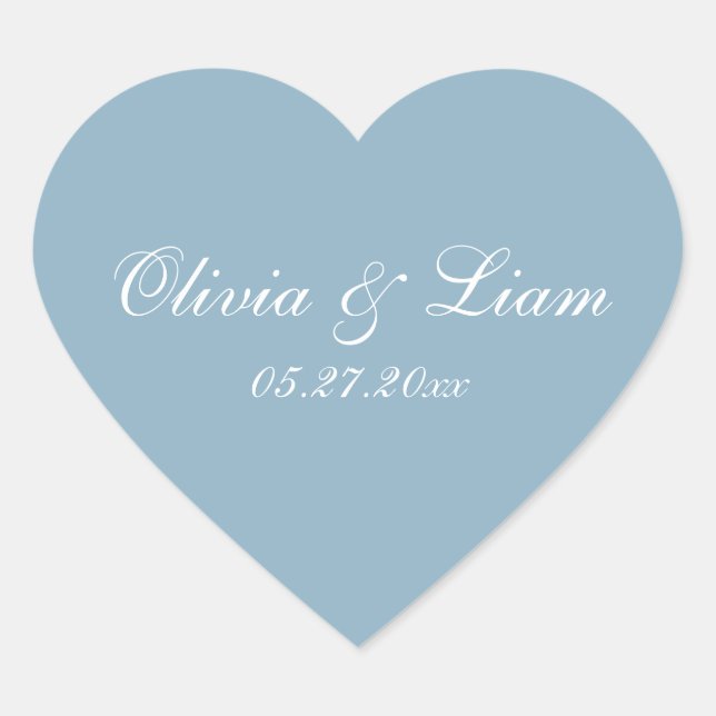 Dusty Blue Name Date Elegant Wedding Heart Sticker (Front)