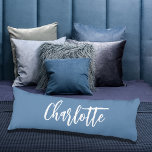 Dusty blue name script body cushion<br><div class="desc">Dusty blue coloured background.  Personalise and add your name.  Large white hand lettered style script.</div>