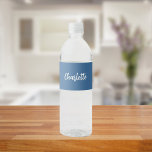 Dusty blue name script water bottle label<br><div class="desc">A trendy dusty blue coloured background. Personalise and add your name written with a modern hand lettered style script in white.</div>
